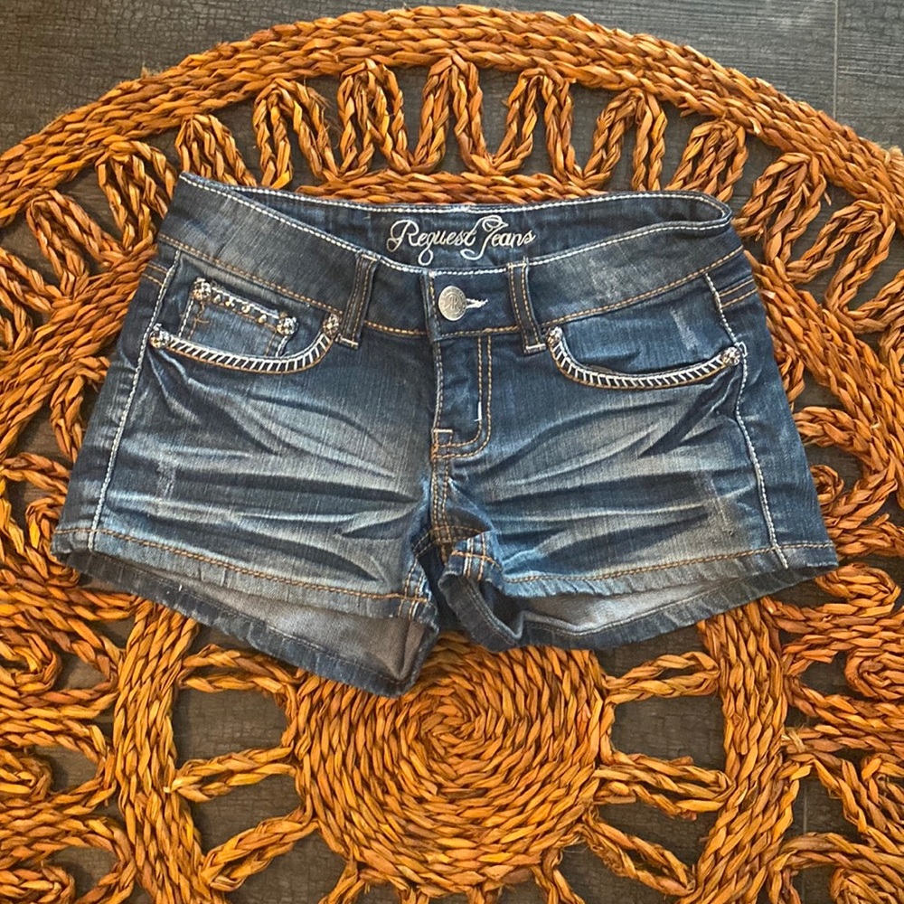Request Jeans, Size 1 (Denim 25) - Stud Backpocket Jean Shorts with Dark Wash